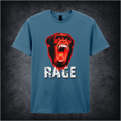 28 Days Later-inspired unisex indigo T-shirt featuring the word 'RAGE' with an angry chimpanzee and biohazard symbol in a dark, distressed design.