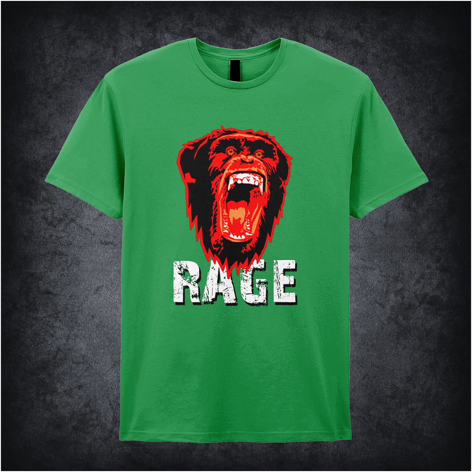 28 Days Later-inspired unisex irish green T-shirt featuring the word 'RAGE' with an angry chimpanzee and biohazard symbol in a dark, distressed design.