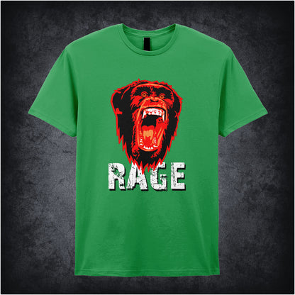 28 Days Later-inspired unisex irish green T-shirt featuring the word 'RAGE' with an angry chimpanzee and biohazard symbol in a dark, distressed design.
