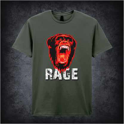 28 Days Later-inspired unisex military green T-shirt featuring the word 'RAGE' with an angry chimpanzee and biohazard symbol in a dark, distressed design.