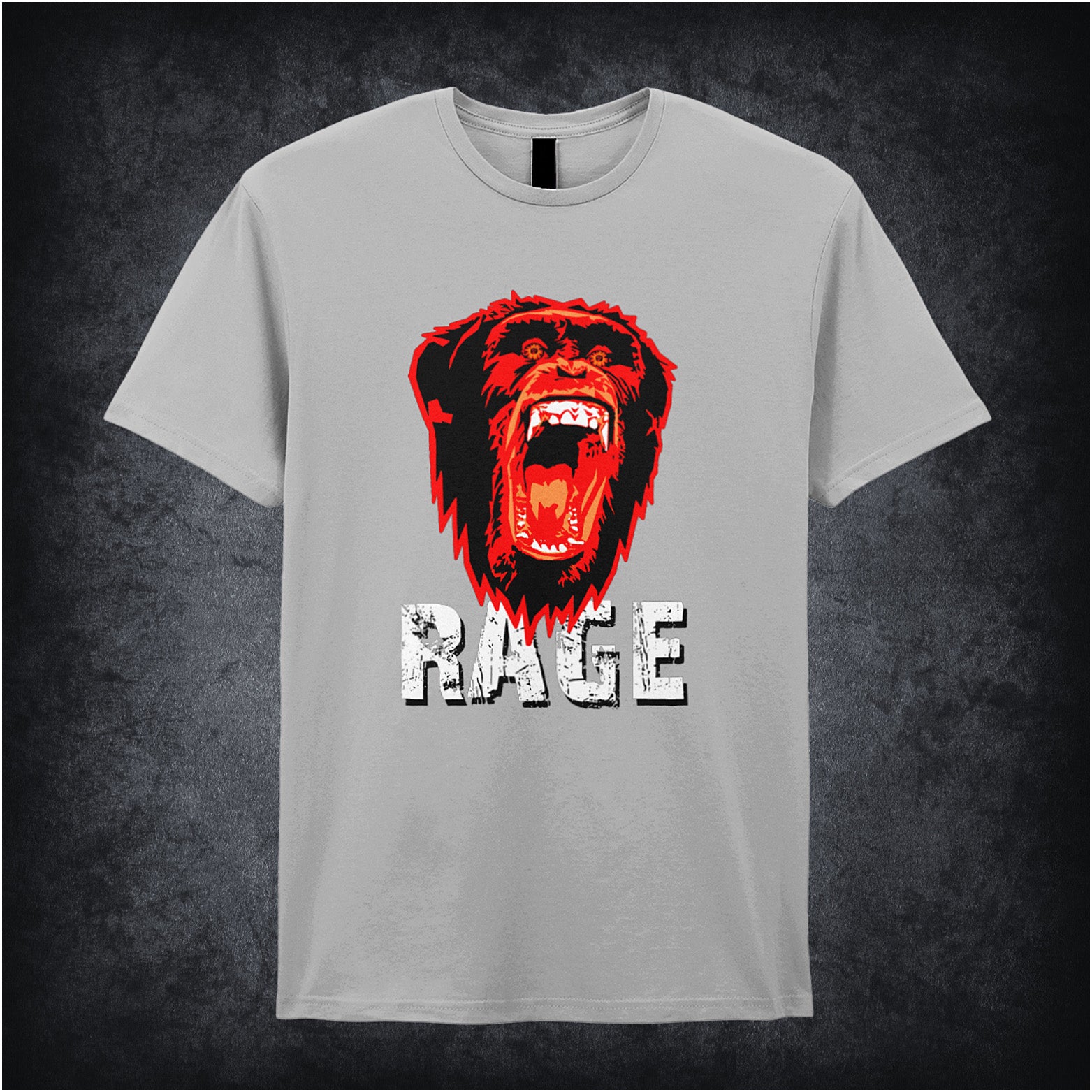 28 Days Later-inspired unisex sports grey T-shirt featuring the word 'RAGE' with an angry chimpanzee and biohazard symbol in a dark, distressed design.