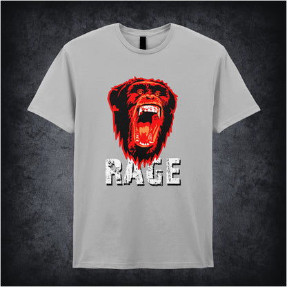 28 Days Later-inspired unisex sports grey T-shirt featuring the word 'RAGE' with an angry chimpanzee and biohazard symbol in a dark, distressed design.