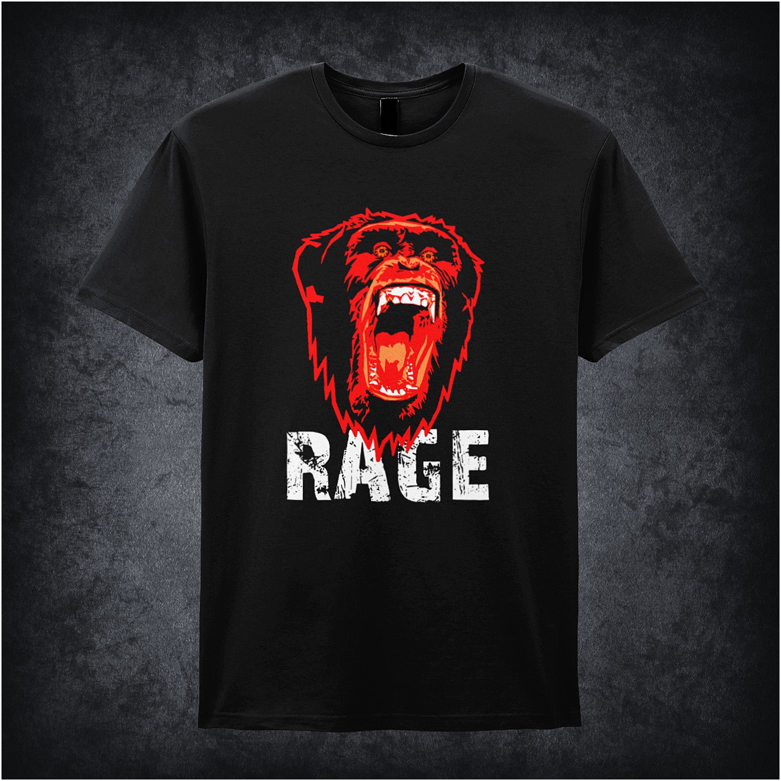 28 Days Later-inspired unisex black T-shirt featuring the word 'RAGE' with an angry chimpanzee and biohazard symbol in a dark, distressed design.