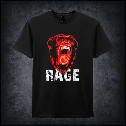 28 Days Later-inspired unisex black T-shirt featuring the word 'RAGE' with an angry chimpanzee and biohazard symbol in a dark, distressed design.
