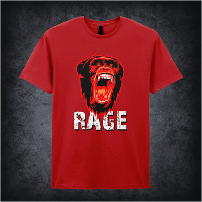 28 Days Later-inspired unisex red T-shirt featuring the word 'RAGE' with an angry chimpanzee and biohazard symbol in a dark, distressed design.
