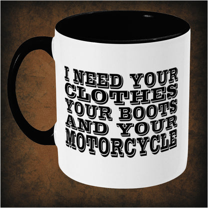 I need your clothes, your boots, and your motorcycle’ two-toned mug inspired by Terminator, left hand side featuring iconic movie quote, sci-fi design, and collectible pop culture style.
