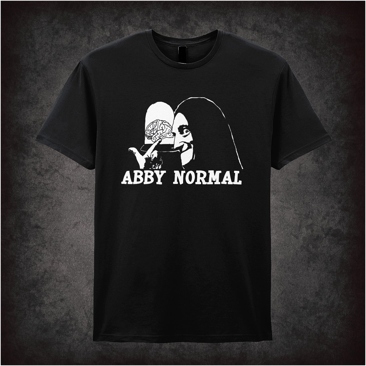 Abby Normal Young Frankenstein inspired soft style black unisex T-shirt featuring iconic movie quote design, perfect for fans of classic comedy films.