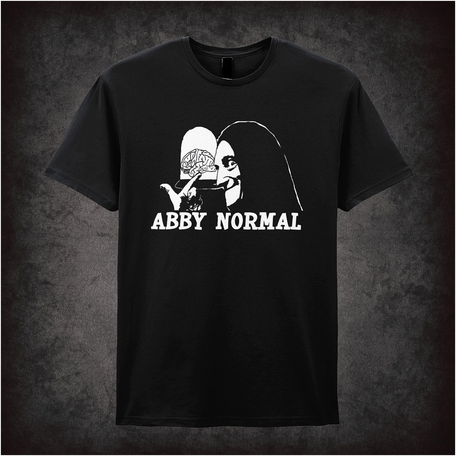 Abby Normal Young Frankenstein inspired soft style black unisex T-shirt featuring iconic movie quote design, perfect for fans of classic comedy films.