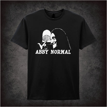 Abby Normal Young Frankenstein inspired soft style black unisex T-shirt featuring iconic movie quote design, perfect for fans of classic comedy films.