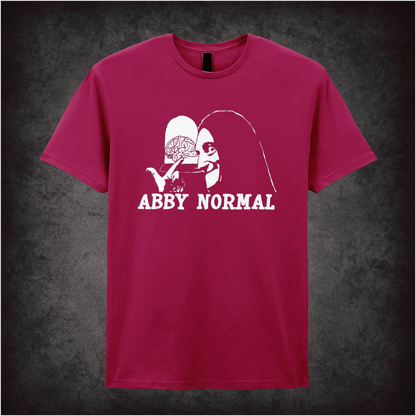 Abby Normal Young Frankenstein inspired soft style cardinal red unisex T-shirt featuring iconic movie quote design, perfect for fans of classic comedy films.