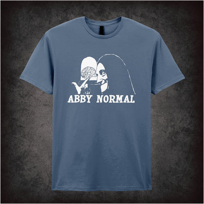 Abby Normal Young Frankenstein inspired soft style indigo unisex T-shirt featuring iconic movie quote design, perfect for fans of classic comedy films.
