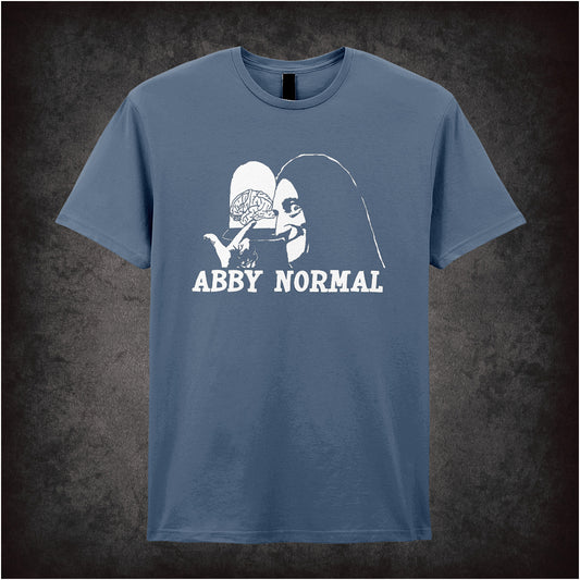 Abby Normal Young Frankenstein inspired soft style indigo unisex T-shirt featuring iconic movie quote design, perfect for fans of classic comedy films.