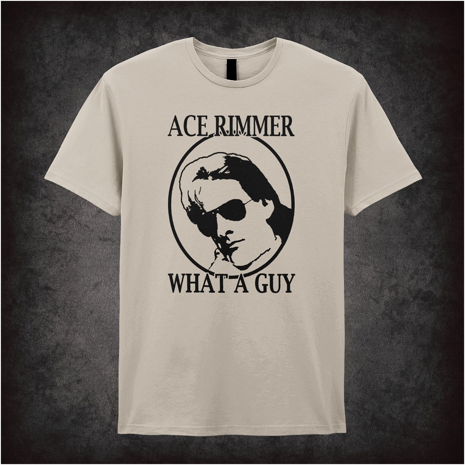 natural colour soft style unisex T-shirt featuring the phrase "Ace Rimmer What a Guy" inspired by Red Dwarf, displayed in bold, vibrant lettering.