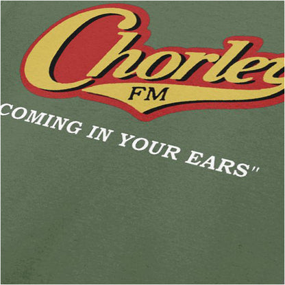 Chorley FM “Coming in your ears” close up T-shirt in military green from Phoenix Nights
