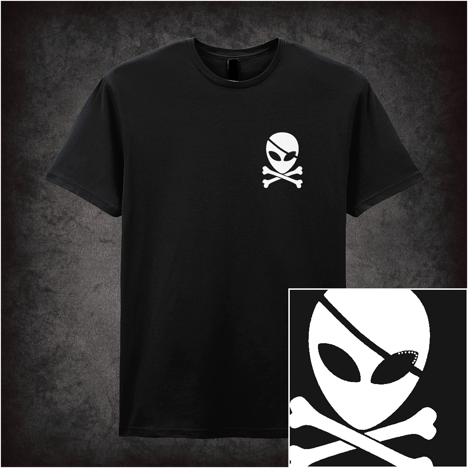 Black unisex t-shirt with a small pocket-sized graphic of an alien skull and crossbones printed on the chest area.