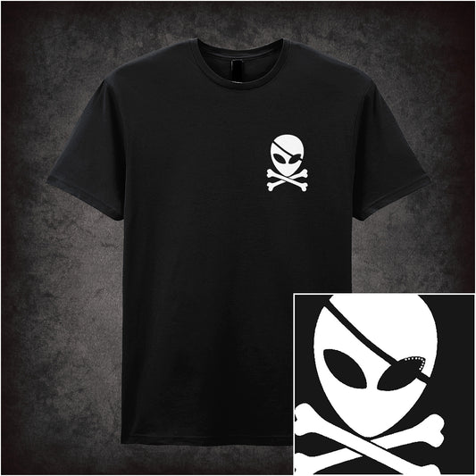 Black unisex t-shirt with a small pocket-sized graphic of an alien skull and crossbones printed on the chest area.