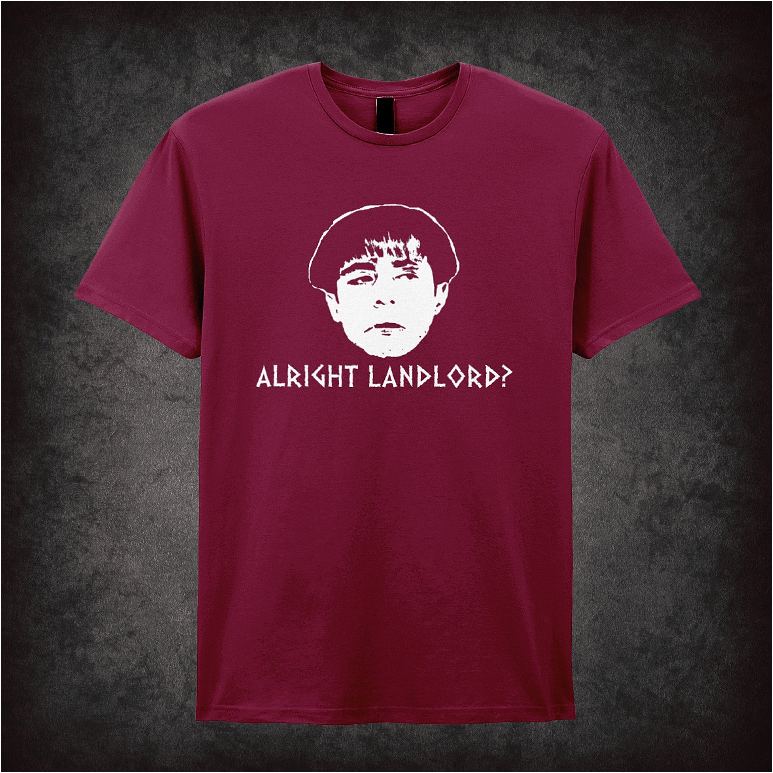 cardinal red Soft style unisex T-shirt featuring the phrase "Alright Landlord?" inspired by Plebs, designed in a playful, bold style for comedy fans.