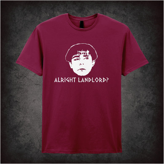 cardinal red Soft style unisex T-shirt featuring the phrase "Alright Landlord?" inspired by Plebs, designed in a playful, bold style for comedy fans.
