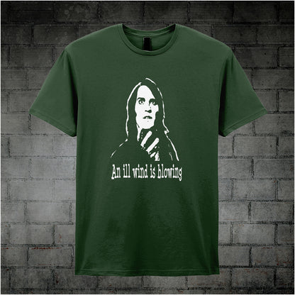 forest unisex T-shirt featuring the phrase “An Ill Wind Is Blowing” inspired by The IT Crowd, displayed in bold white text with a dramatic, minimalist design.