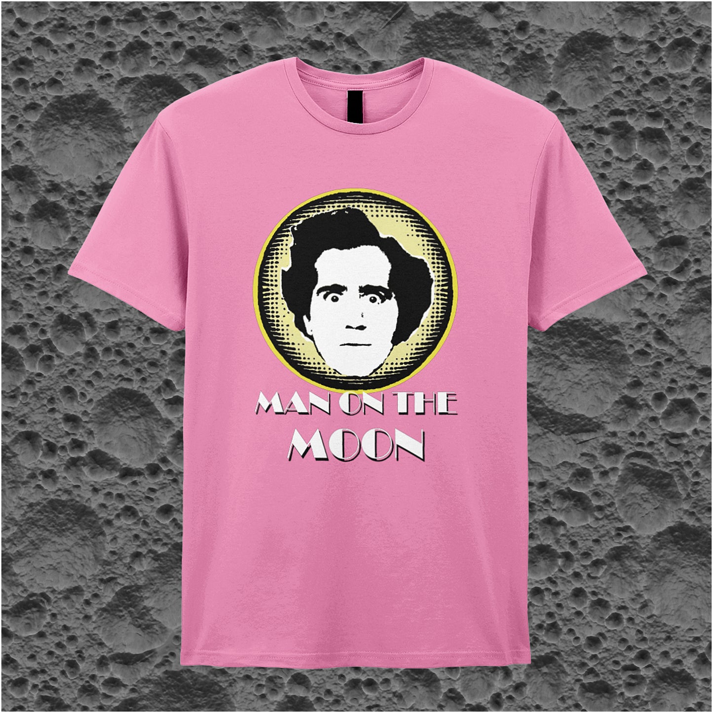 azelea unisex T-shirt featuring “Andy Kaufman Man On The Moon” inspired design, with minimalist bold typography.