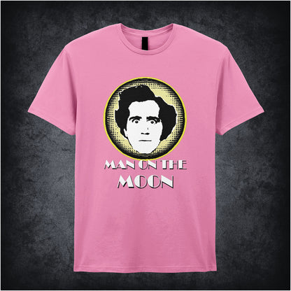 azalea unisex T-shirt featuring “Andy Kaufman Man On The Moon” inspired design, with minimalist bold typography.