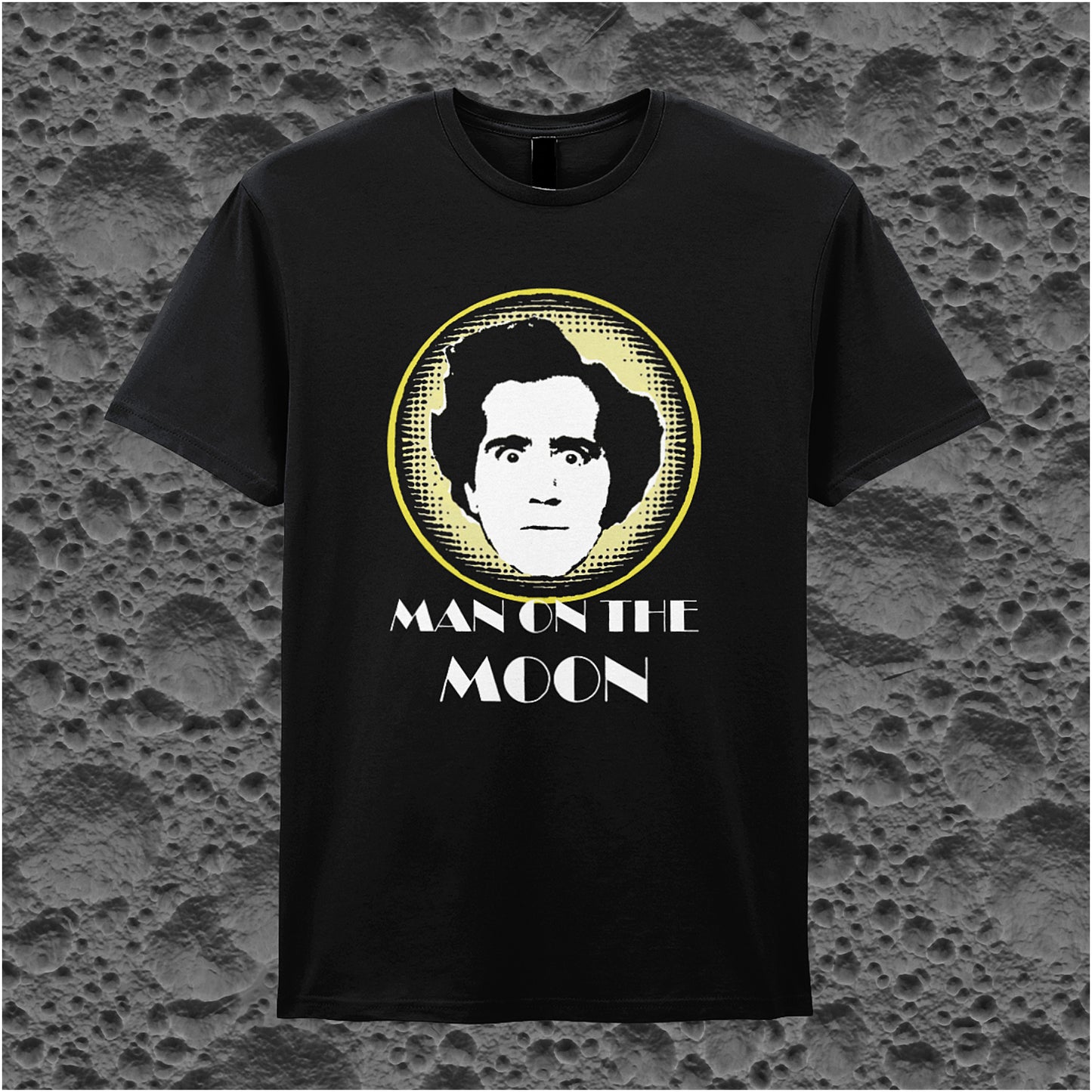 black unisex T-shirt featuring “Andy Kaufman Man On The Moon” inspired design, with minimalist bold typography.