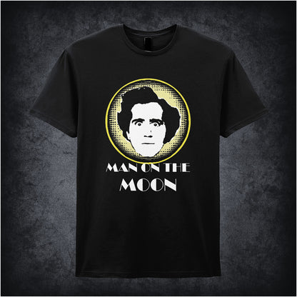 black unisex T-shirt featuring “Andy Kaufman Man On The Moon” inspired design, with minimalist bold typography.