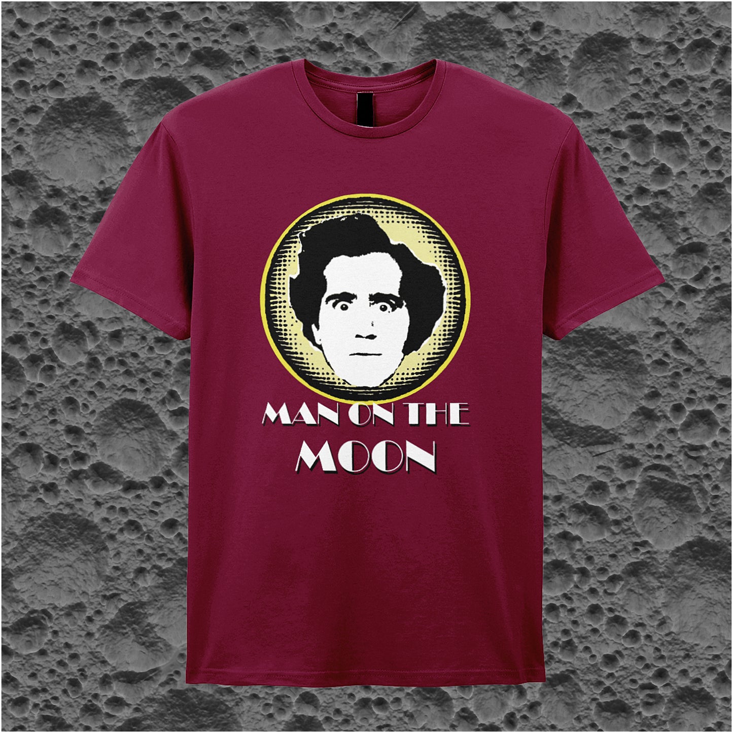 cardinal red unisex T-shirt featuring “Andy Kaufman Man On The Moon” inspired design, with minimalist bold typography.