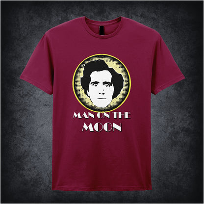 cardinal red unisex T-shirt featuring “Andy Kaufman Man On The Moon” inspired design, with minimalist bold typography.