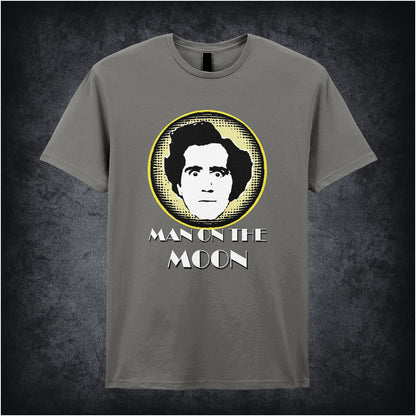 charcoal unisex T-shirt featuring “Andy Kaufman Man On The Moon” inspired design, with minimalist bold typography.
