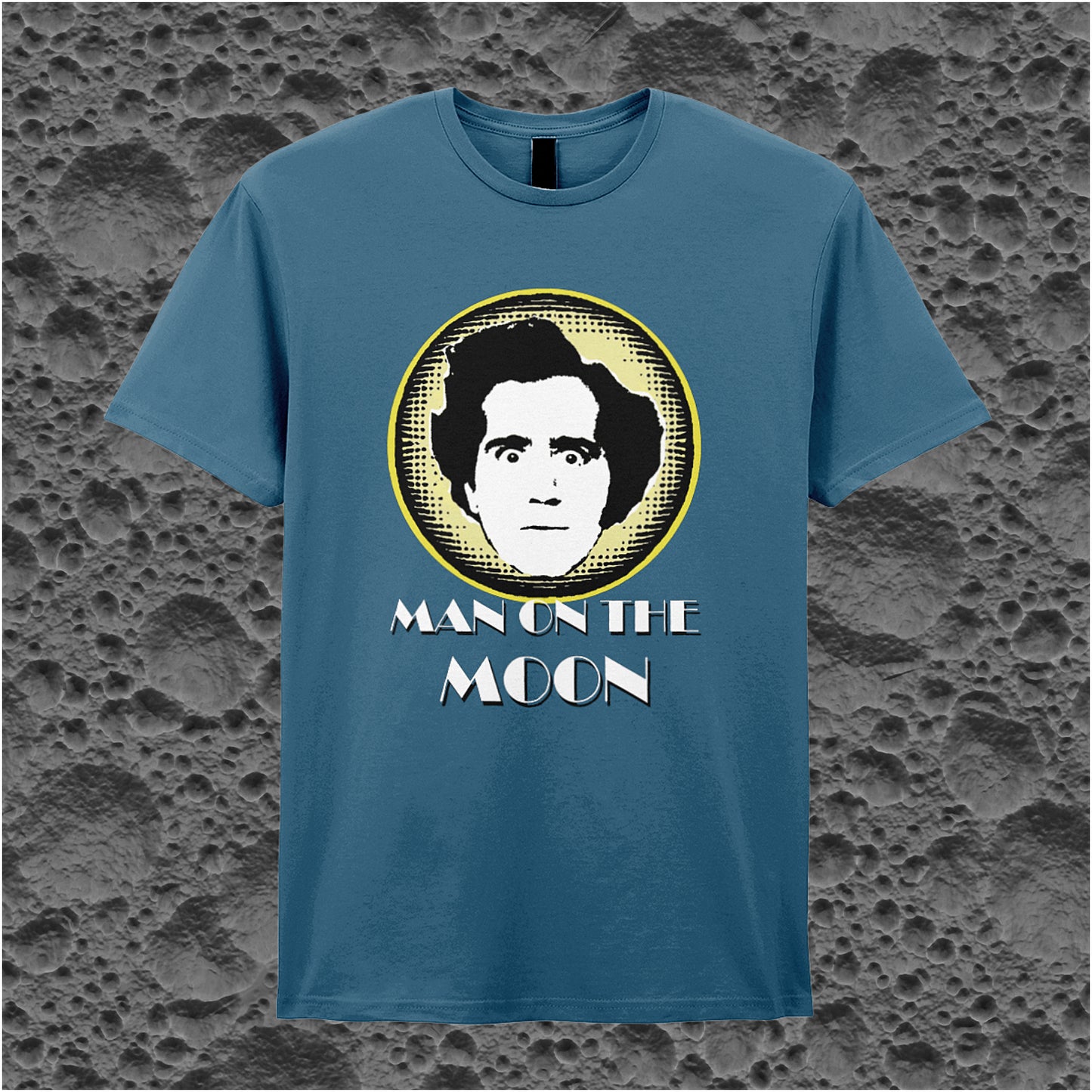 indigo unisex T-shirt featuring “Andy Kaufman Man On The Moon” inspired design, with minimalist bold typography.