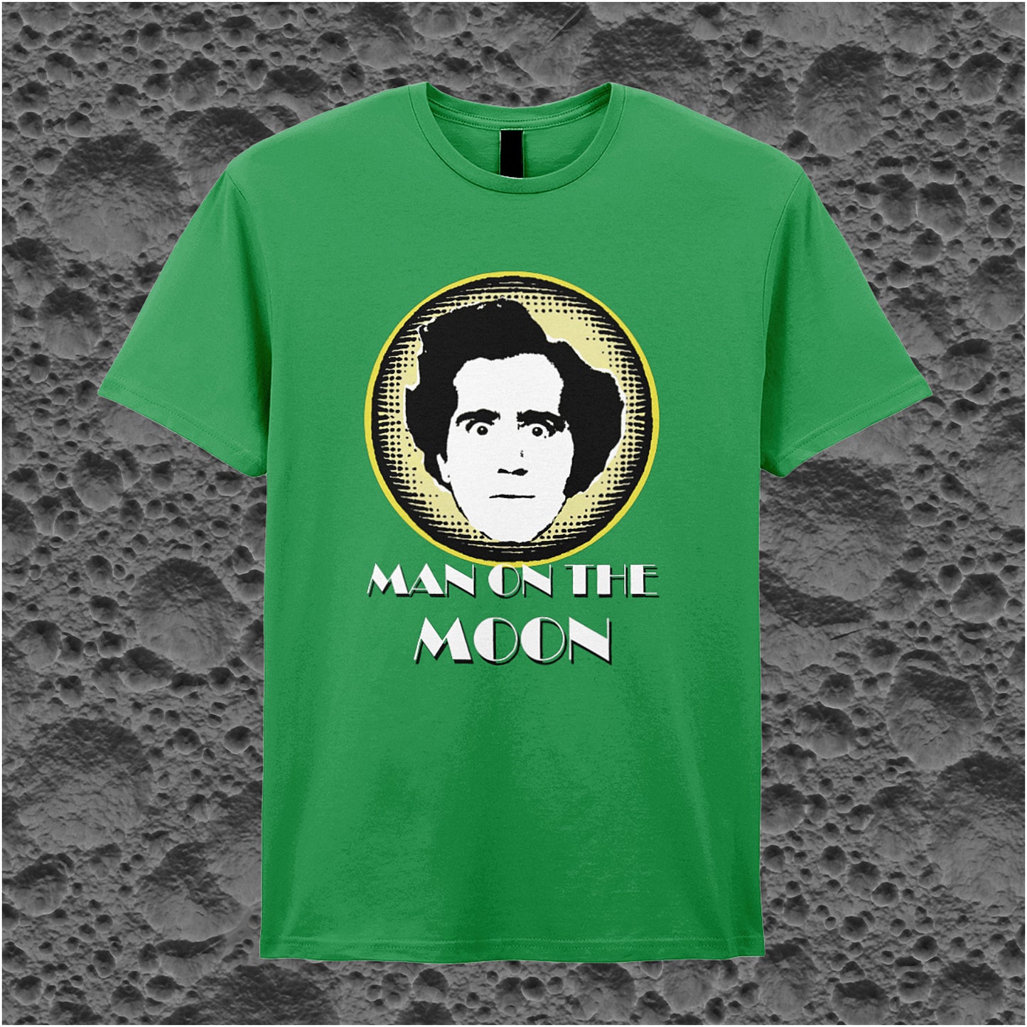 irish green unisex T-shirt featuring “Andy Kaufman Man On The Moon” inspired design, with minimalist bold typography.