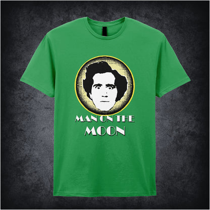 irish green unisex T-shirt featuring “Andy Kaufman Man On The Moon” inspired design, with minimalist bold typography.