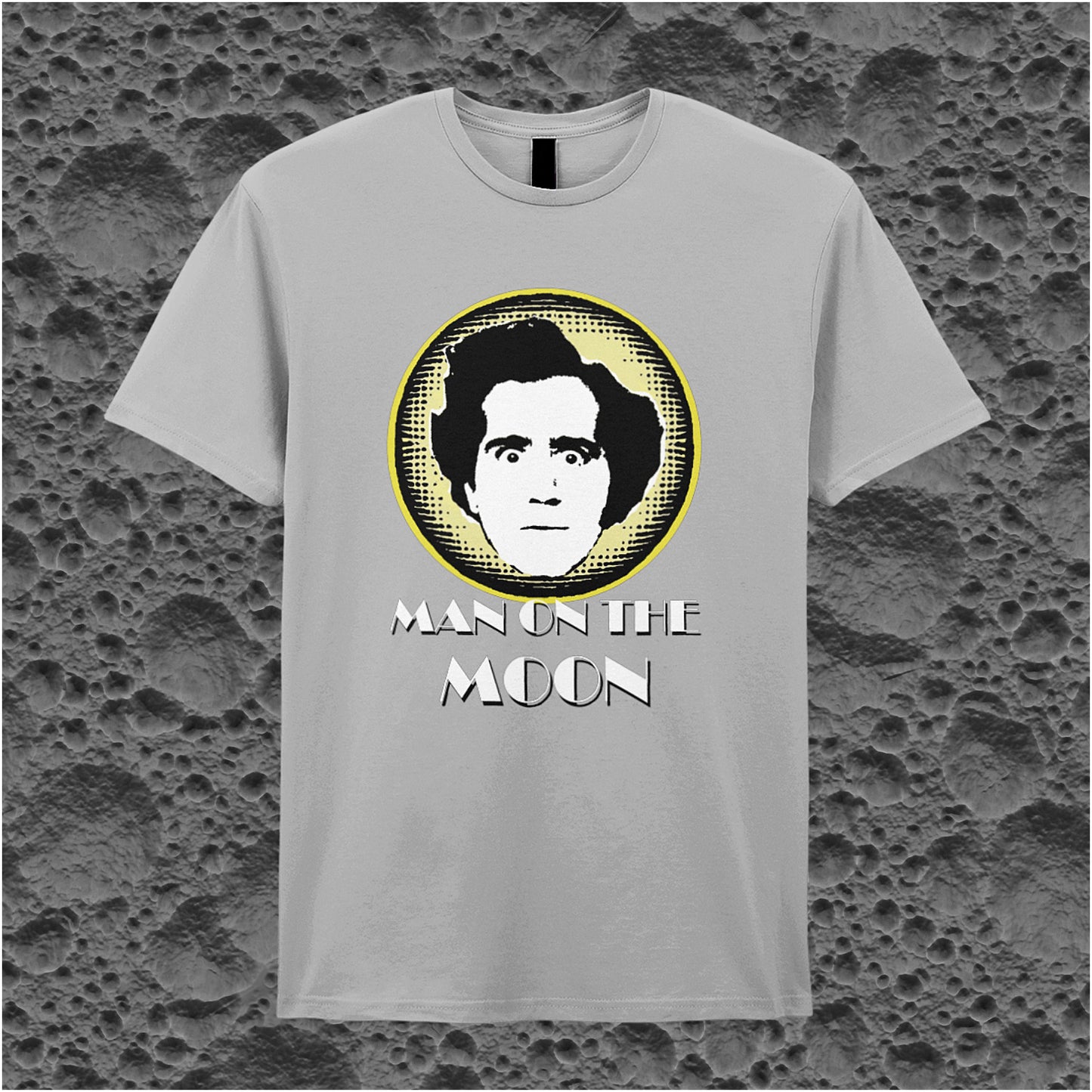 sports grey unisex T-shirt featuring “Andy Kaufman Man On The Moon” inspired design, with minimalist bold typography.