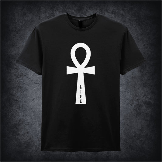 Black unisex t-shirt featuring a large Ankh symbol with the word “LIFE” written vertically along its stem, styled in an ancient Egyptian design.