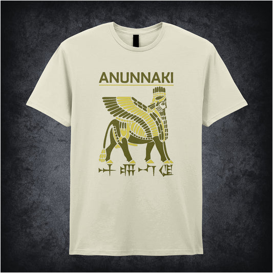 natural coloured unisex t-shirt featuring a graphic of The Anunnaki from ancient Sumerian mythology, depicting stylized winged figures with intricate Mesopotamian motifs.