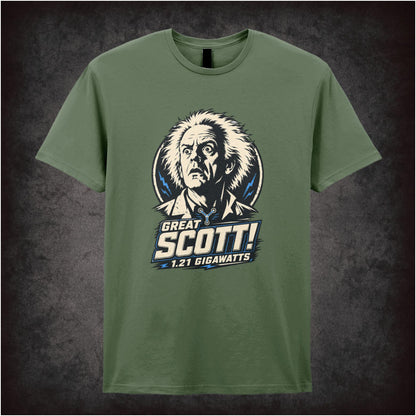 Doc Brown face ‘Great Scott’ quote T-shirt from Back to the Future