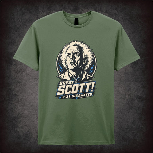 Doc Brown face ‘Great Scott’ quote T-shirt from Back to the Future