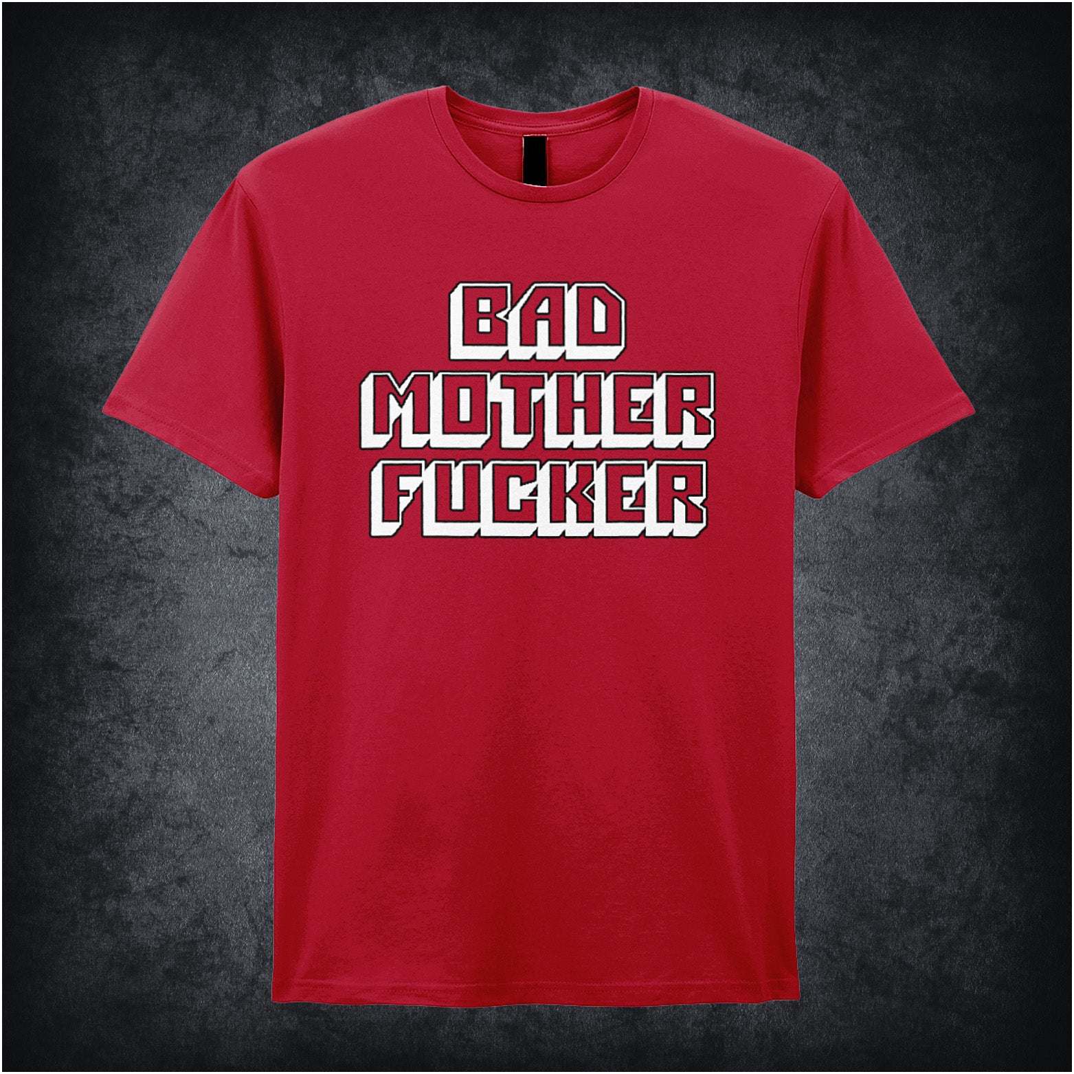 cherry red unisex t-shirt featuring the phrase “Bad Mother Fuc*er” in bold, striking typography inspired by Pulp Fiction.