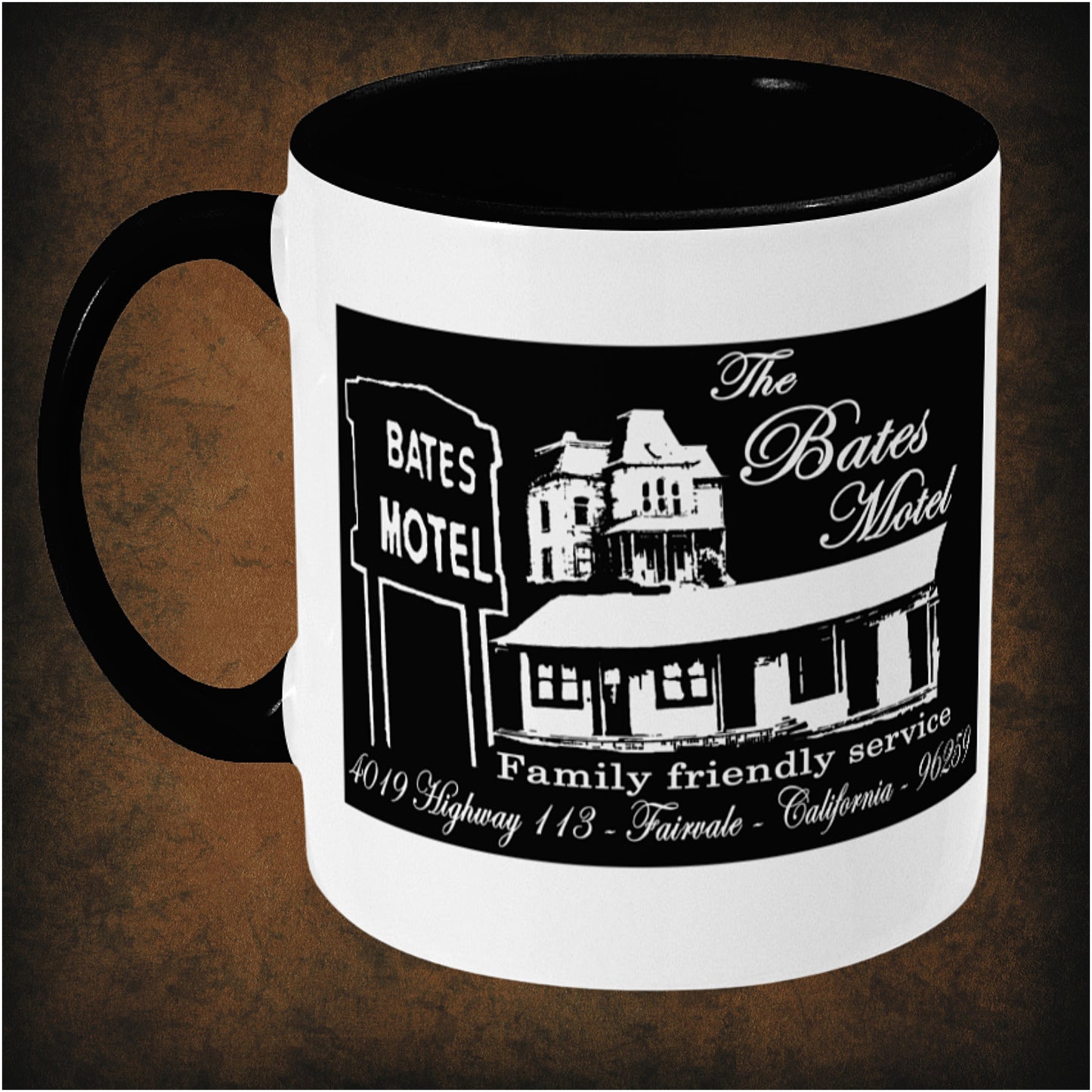The Bates Motel two-toned mug inspired by Psycho, featuring iconic horror movie design, left hand side minimalist black and white aesthetic, and collectible thriller fan merchandise.
