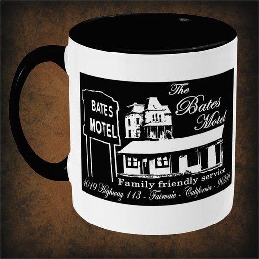 The Bates Motel two-toned mug inspired by Psycho, featuring iconic horror movie design, left hand side minimalist black and white aesthetic, and collectible thriller fan merchandise.