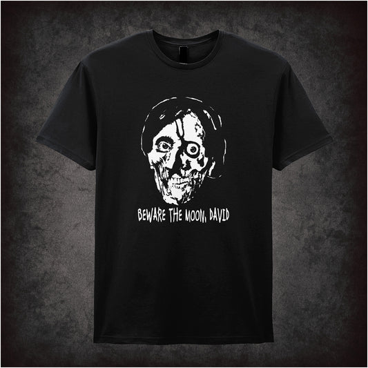 Beware the Moon David soft-style unisex t-shirt, An American Werewolf in London inspired horror movie design, retro cult film apparel.