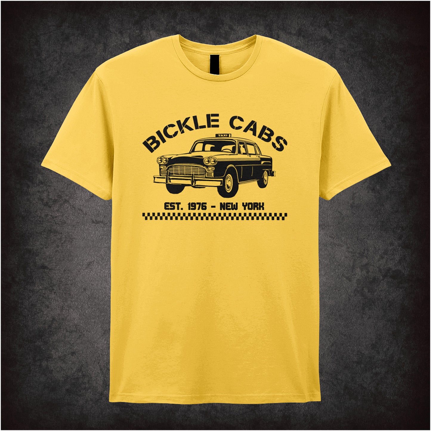 Daisy coloured unisex t-shirt featuring a vintage-style graphic for “Bickle Cabs New York” inspired by the Taxi Driver movie, with a classic taxi cab illustration and bold lettering.