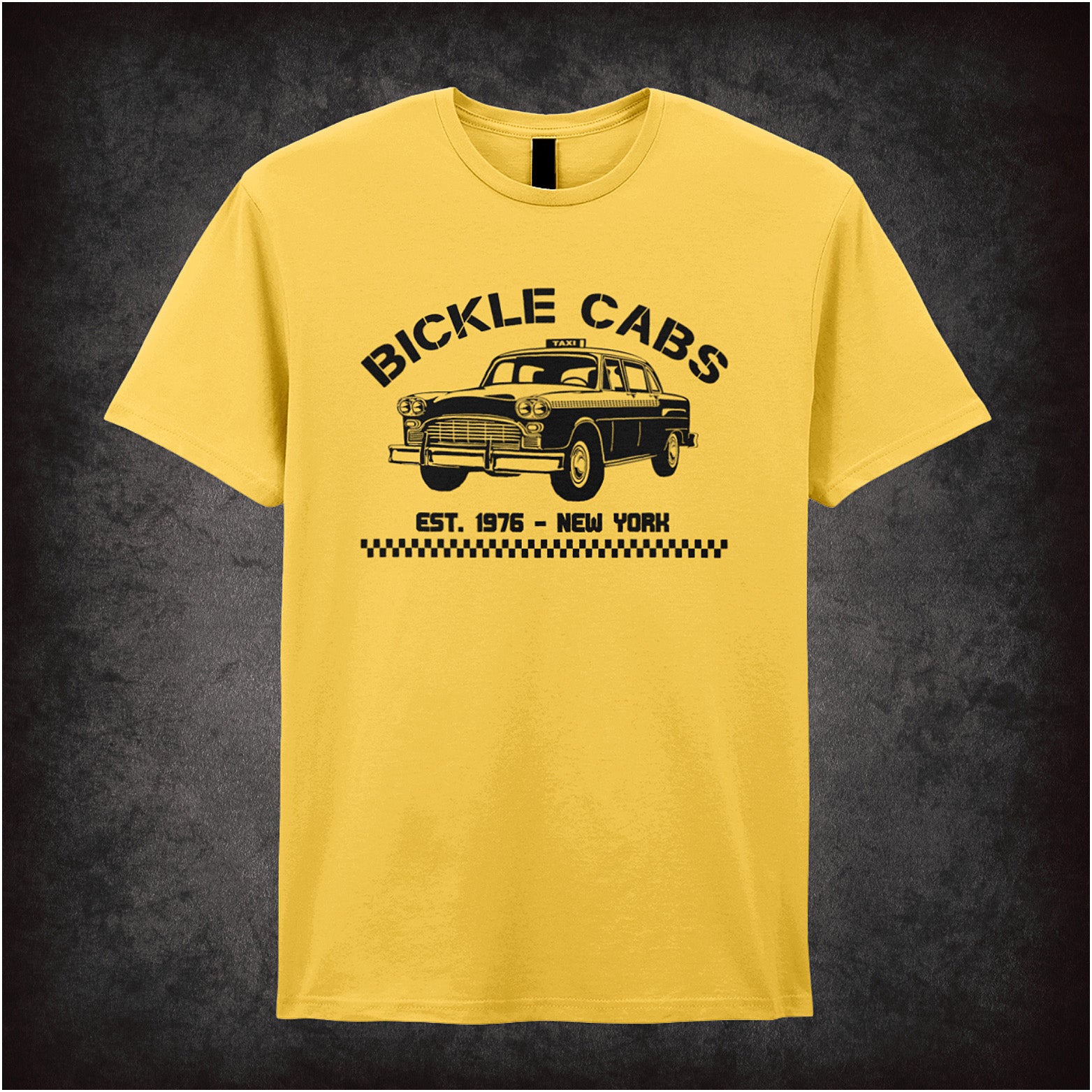 Daisy coloured unisex t-shirt featuring a vintage-style graphic for “Bickle Cabs New York” inspired by the Taxi Driver movie, with a classic taxi cab illustration and bold lettering.