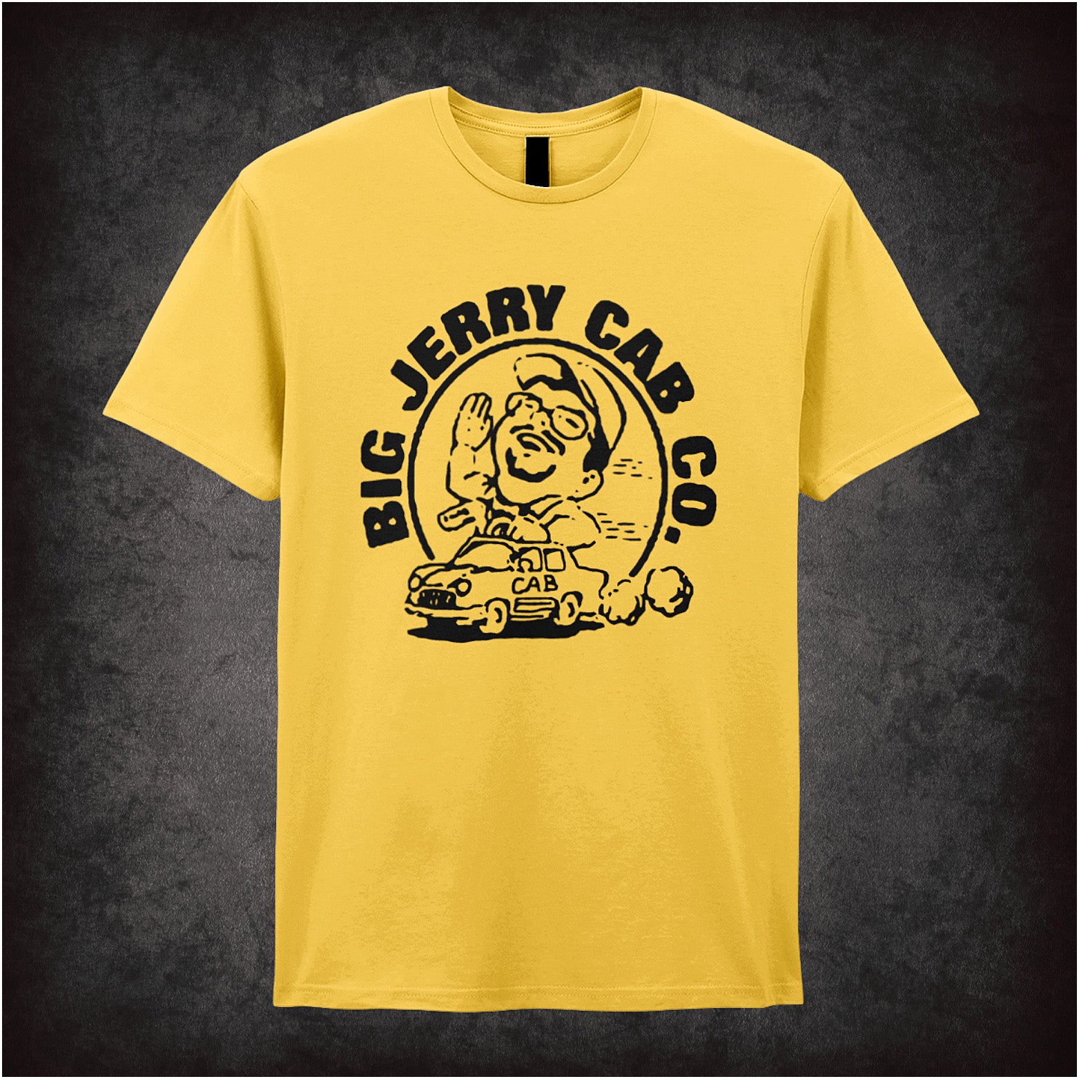 daisy unisex T-shirt featuring “Big Jerry Cab Co.” design inspired by Pulp Fiction, displayed in bold white lettering with a classic vintage aesthetic.