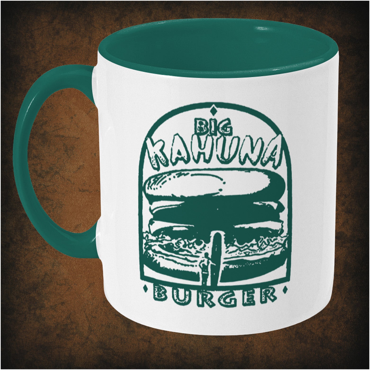 Big Kahuna Burger two-toned mug inspired by Pulp Fiction, left hand side featuring iconic movie logo, retro fast-food design, and collectible Quentin Tarantino film merchandise.