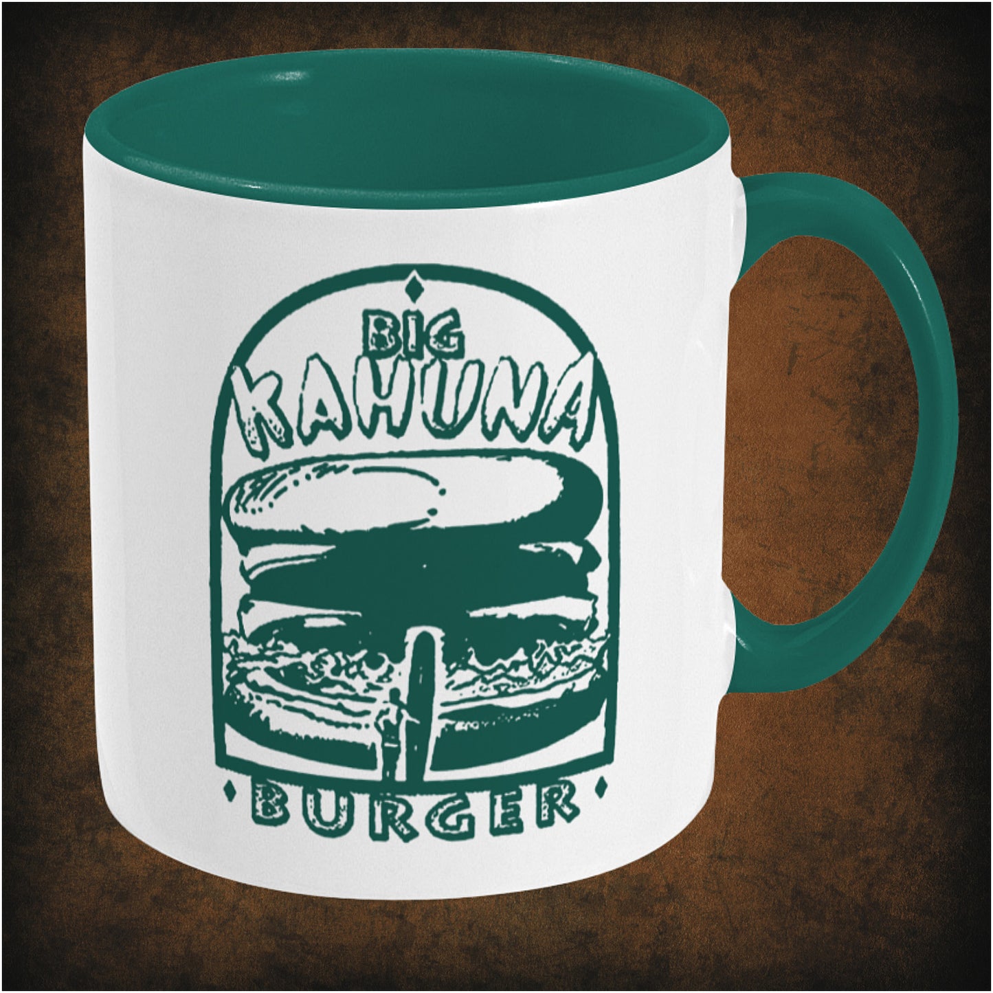 Big Kahuna Burger two-toned mug inspired by Pulp Fiction, right hand side featuring iconic movie logo, retro fast-food design, and collectible Quentin Tarantino film merchandise.