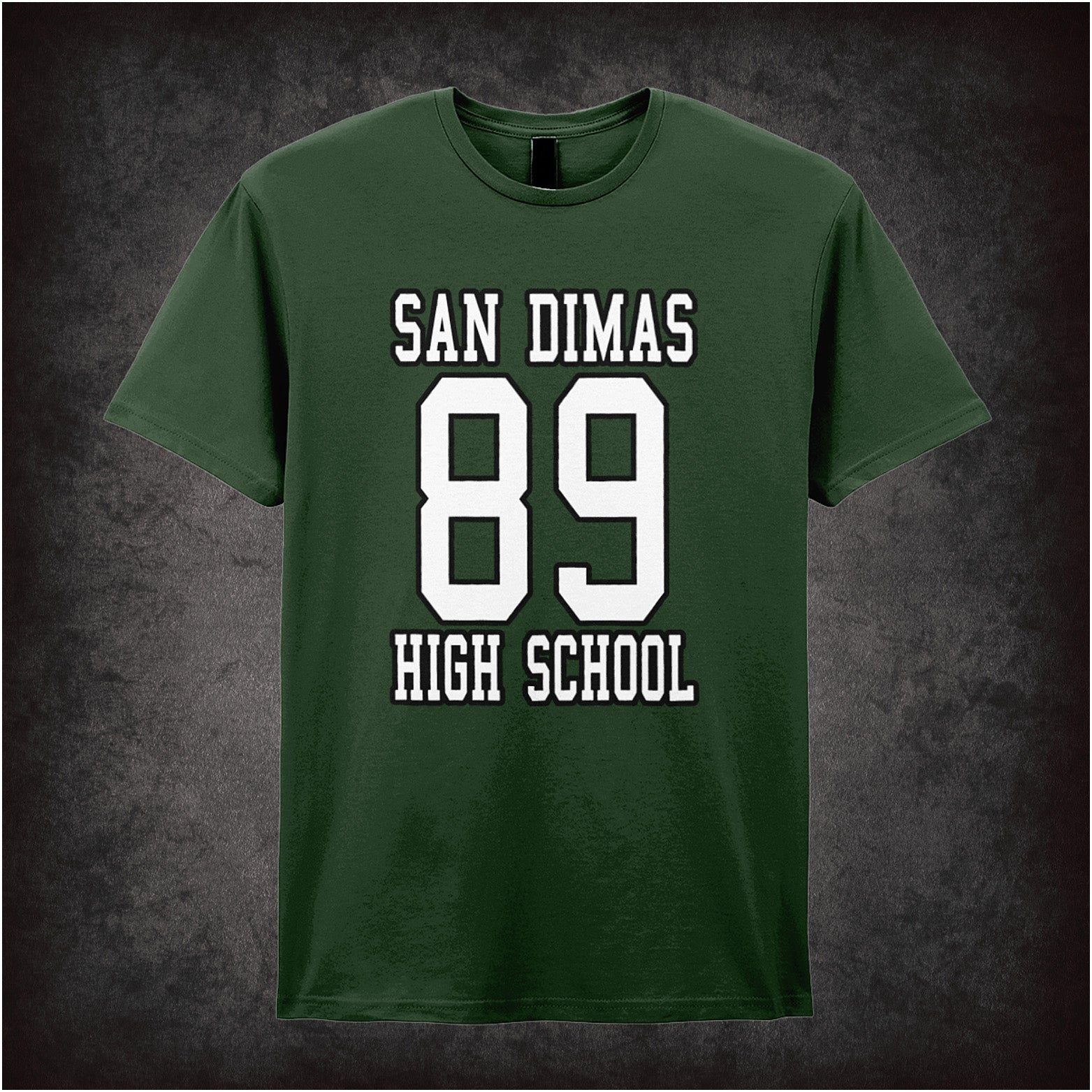 forest unisex t-shirt featuring the text “San Dimas High School 1989” inspired by Bill and Ted’s Excellent Adventure, displayed in bold, vintage-style lettering.