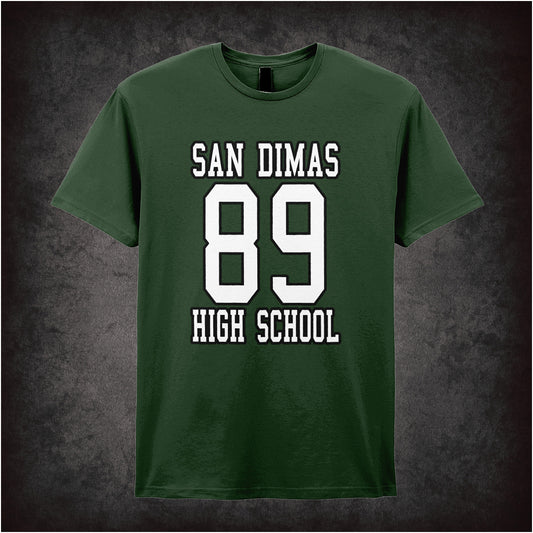 forest unisex t-shirt featuring the text “San Dimas High School 1989” inspired by Bill and Ted’s Excellent Adventure, displayed in bold, vintage-style lettering.