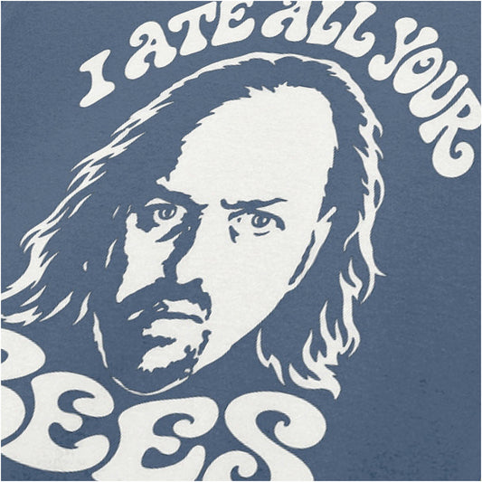 “Manny Bianco ‘I ate all your bees’ close up T-shirt in indigo from Black Books”